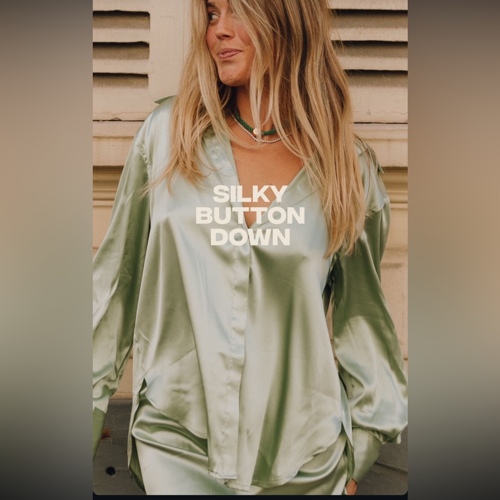 Daily Drills Silky Button Down in Light Green